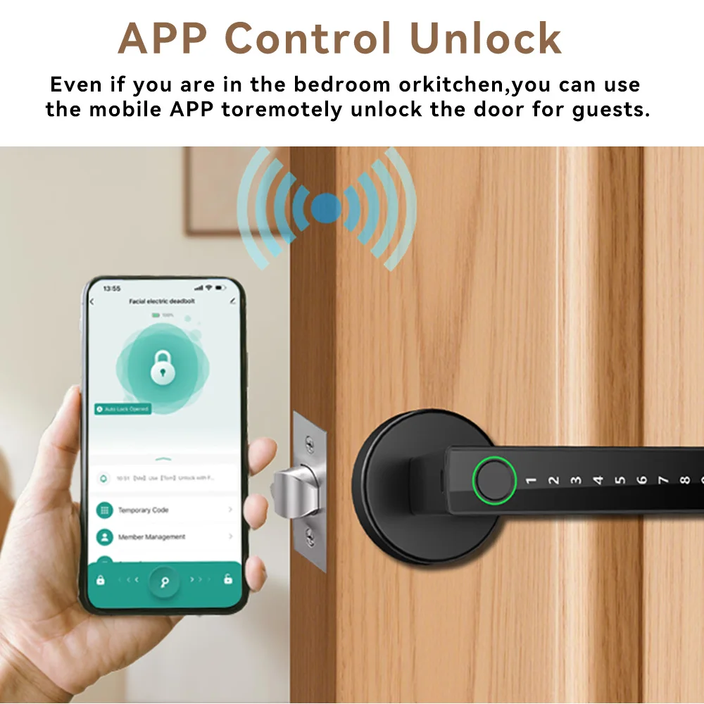 Deadbolt Digital Fingerprint Electric Password Key Smart Tuya BLE Remote Wood Door Aluminum Alloy Black Cloud Handle Smart Lock