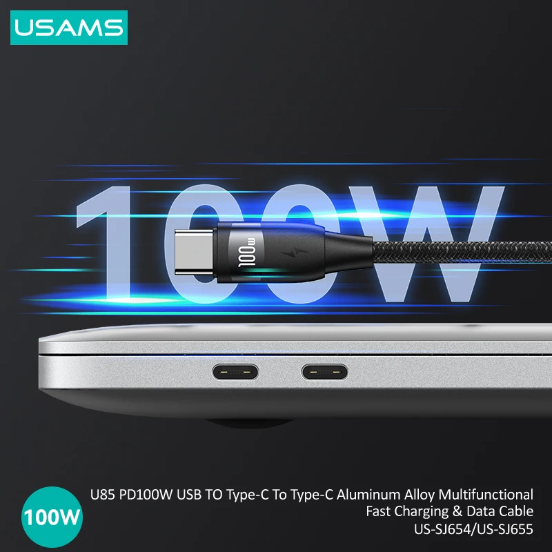 USAMS-Câble de charge rapide et de données U85 PD, USB vers Type-C vers Type-C, 2 en 1, adapté pour ordinateur, tablette, téléphone, montre, Huawei, 100W, 2m