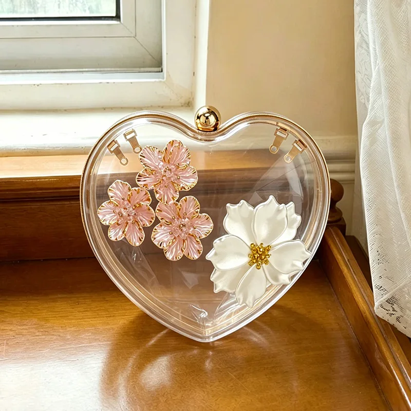 Acrylic Love Transparent Handbag Dinner Bag Acrylic Flower Pearl Bag