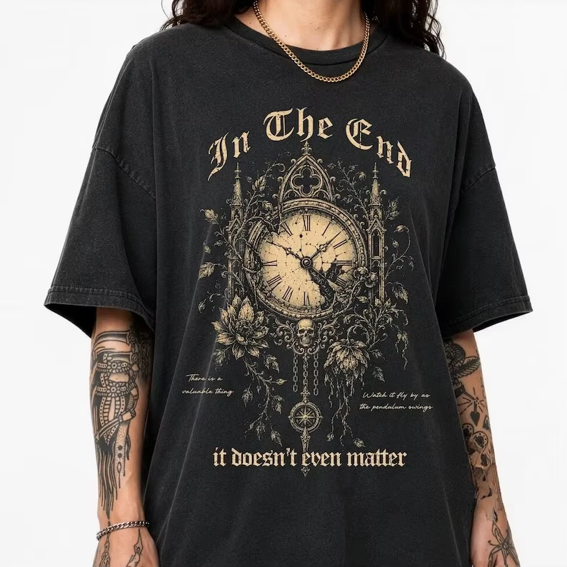 Vintage Clock Dark Botanical Gothic Graphic T‑shirt Unisex Washed Cotton Short Sleeve Grunge Punk Casual Streetwear Tops