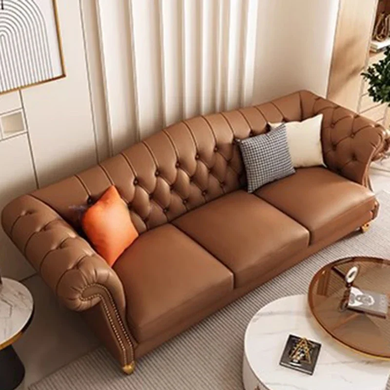 

Luxury Foam Cushion Sofa Brown Soft Genuine Leather Love Seat Lounge Sofa Lazzy Designer Salon Meuble Living Room Furniture