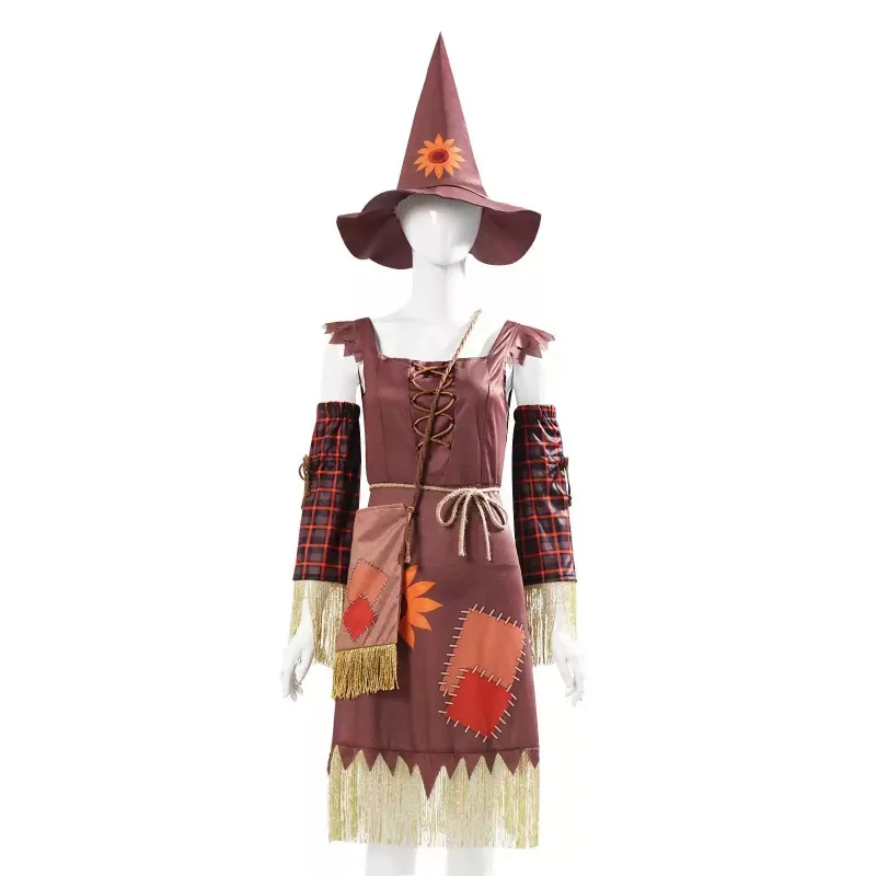 Halloween Scarecrow Cosplay Costume Women Farm Style Dress Set with Hat Arm Cuffs Bag for Party Role‑Play Outfit