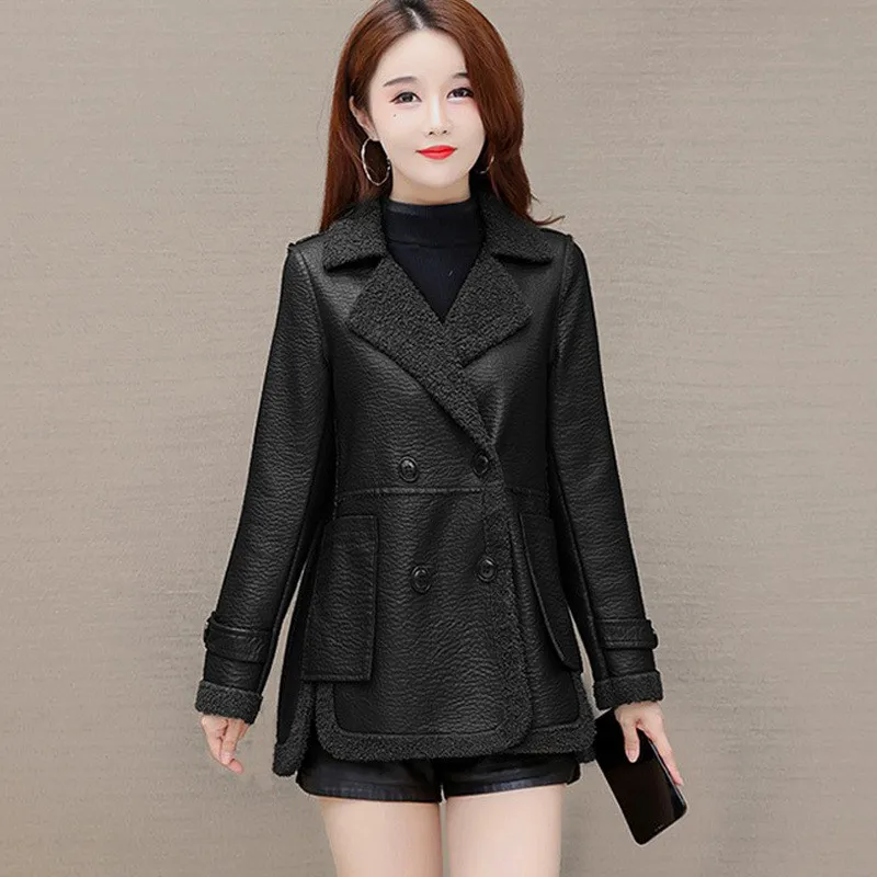 Luxury PU Leather Jacket Women\'s Plush Thicken Double-Breasted Winter Coat Female Double-Sided Wear Elegant Ladies Outewear 2403