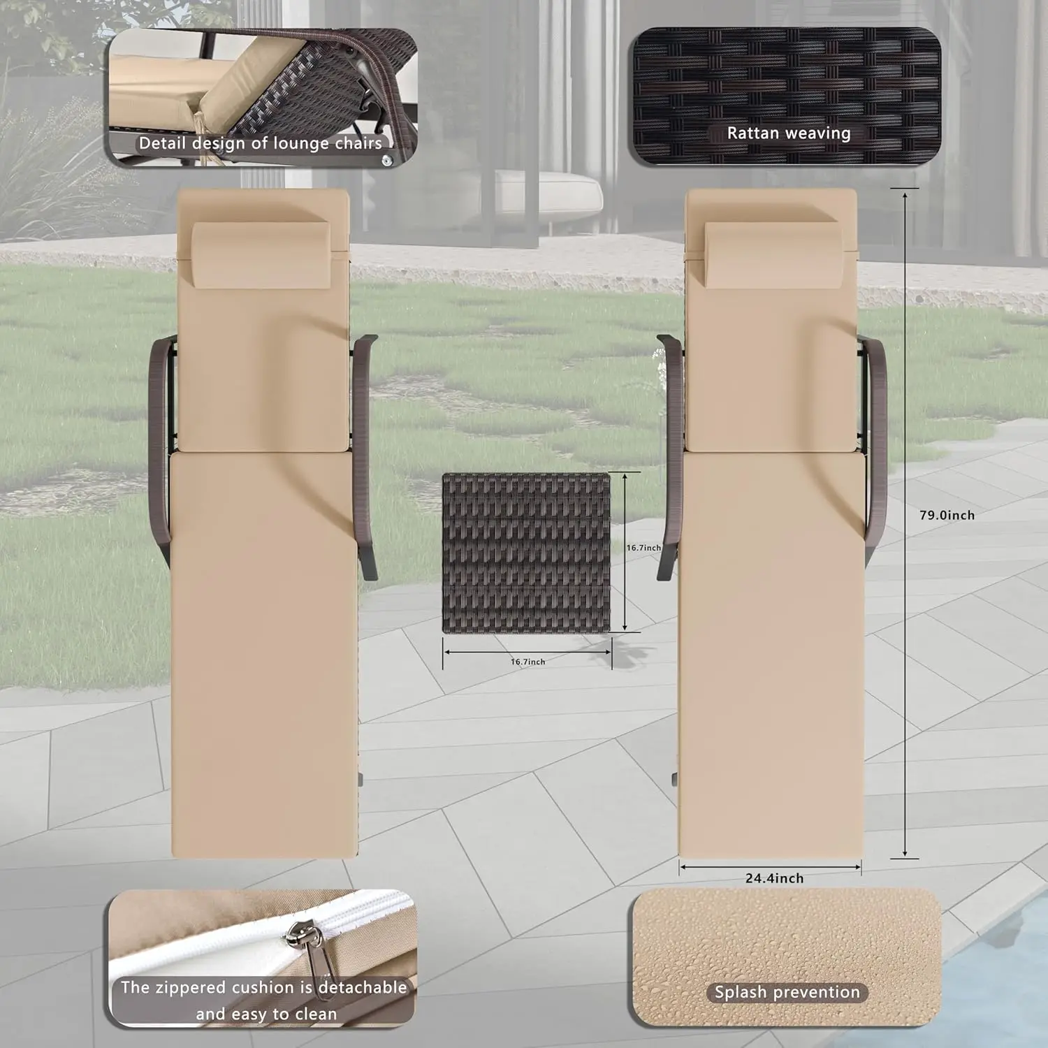 Patio Chaise Lounge Set 3 Pieces Outdoor Lounge Chair With Rattan Adjustable Backrest Armrest And Folding Table For Beach