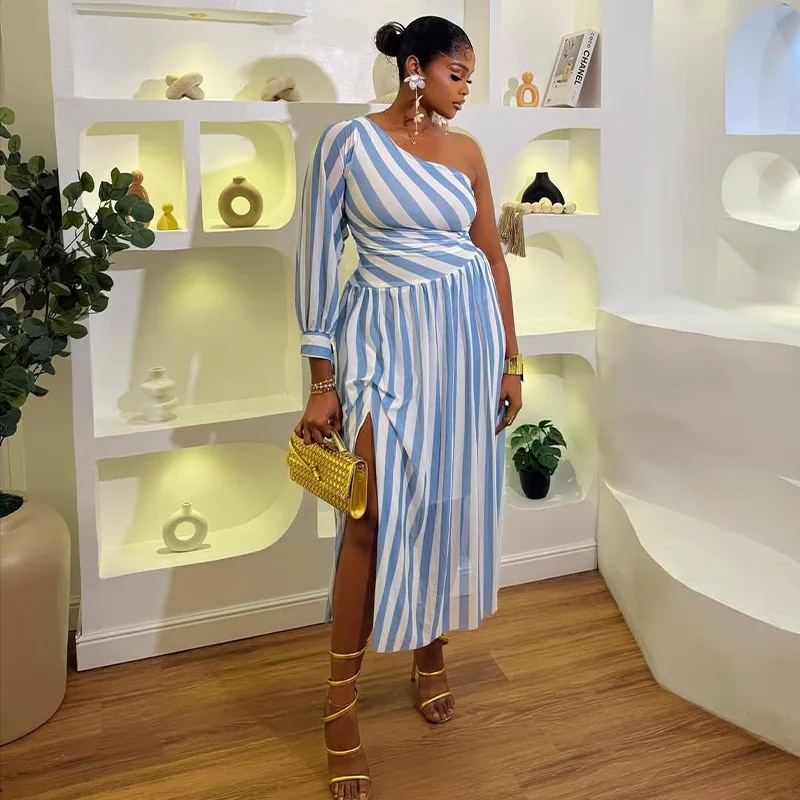 Wind-print Women's Dress With Slit, Striped, Waist-cinching, Asymmetrical Skirt, One-shoulder, Slanted Neckline, Long-sleeved