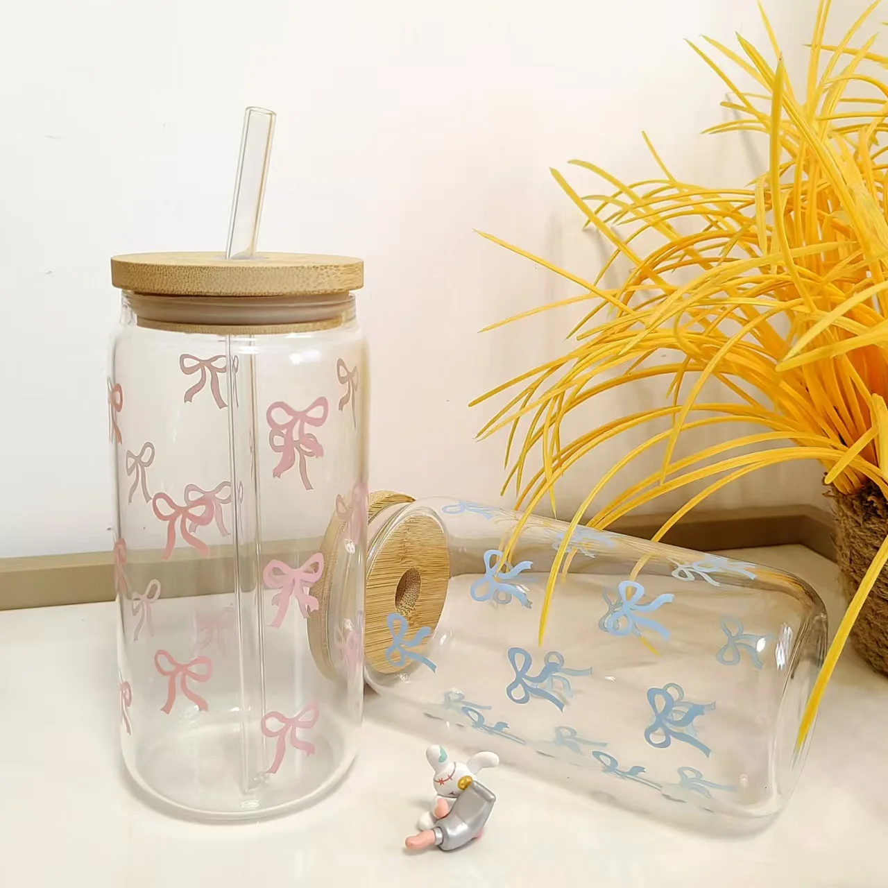 Copos de Vidro Rosa e Azul de 500ml com Tampa e Canudo para Café com Leite Gelado, Copo para Piquenique ao Ar Livre, Caneca para Festa, Copo para Coquetel, Copo para Suco de Matcha