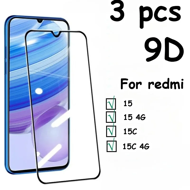 

3 шт. 9D закаленное стекло для Xiaomi Redmi 15 4G Защитное стекло для Redmi 15C 4G Защитная пленка с черным краем против царапин