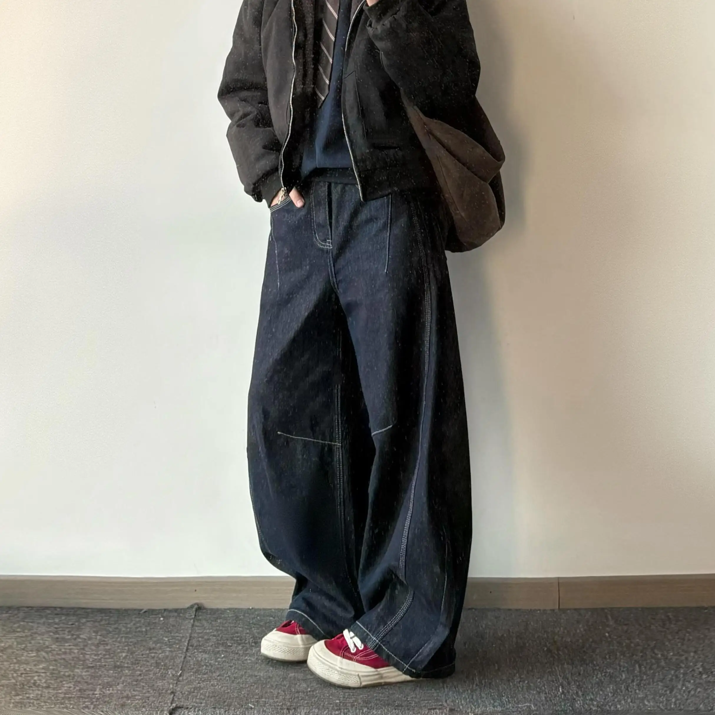 المرأة الأمريكية الرجعية شارع العليا بسيط الأزرق الجينز 2025 الخريف فضفاض واسعة الساق الدنيم السراويل الشارع الشهير عارضة السراويل الفضفاضة