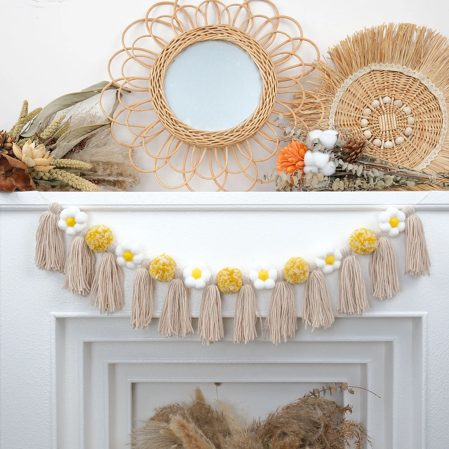 1 Stück Boho Gänseblümchen-Quasten-Kranz, Landhausstil Wand- und Stuhldekoration, Geburtstags-Party Stoff-Quastenbanner, Party-Fotorequisite
