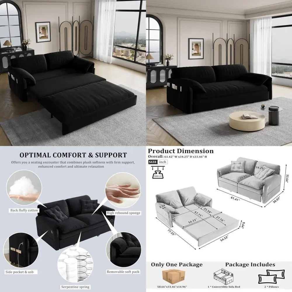 أريكة سرير فوتون حديثة قابلة للتحويل 3 في 1 مع منافذ USB، أريكة نوم بحجم كوين قابلة للسحب، مخمل مريح، جيوب جانبية، Ide #1