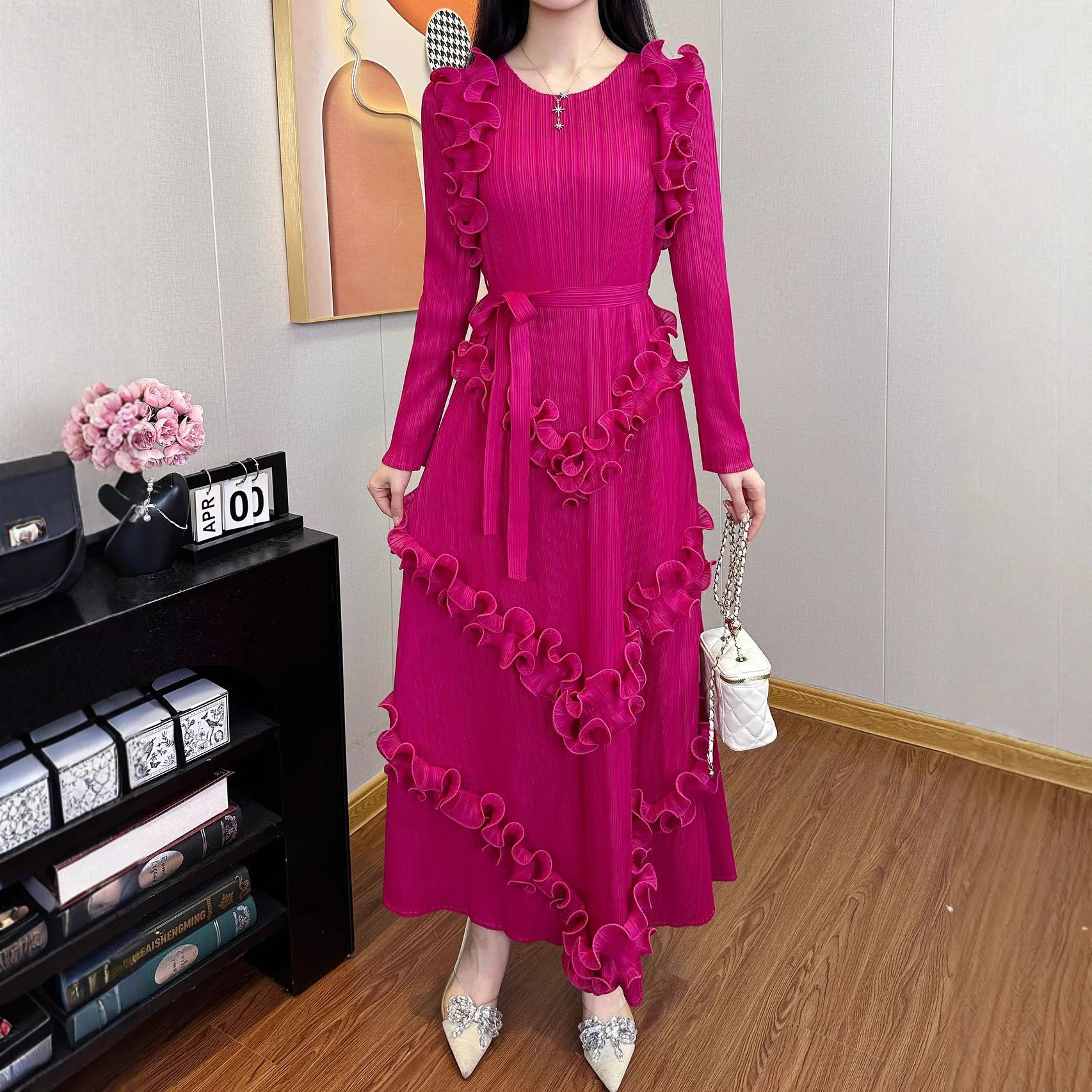 

Miyake Pleated Solid Color Stringy Selvedge Patchwork Design Women's Dress Chic New Fashion Elastic Loose Tie Flower Clothing