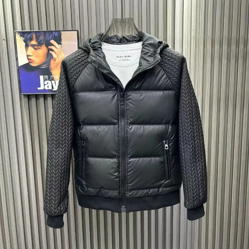 Winter Spliced hooded Wheat Cotton Coat for Men Short Solid Color Casual Top Youth Slim Cotton Coat
