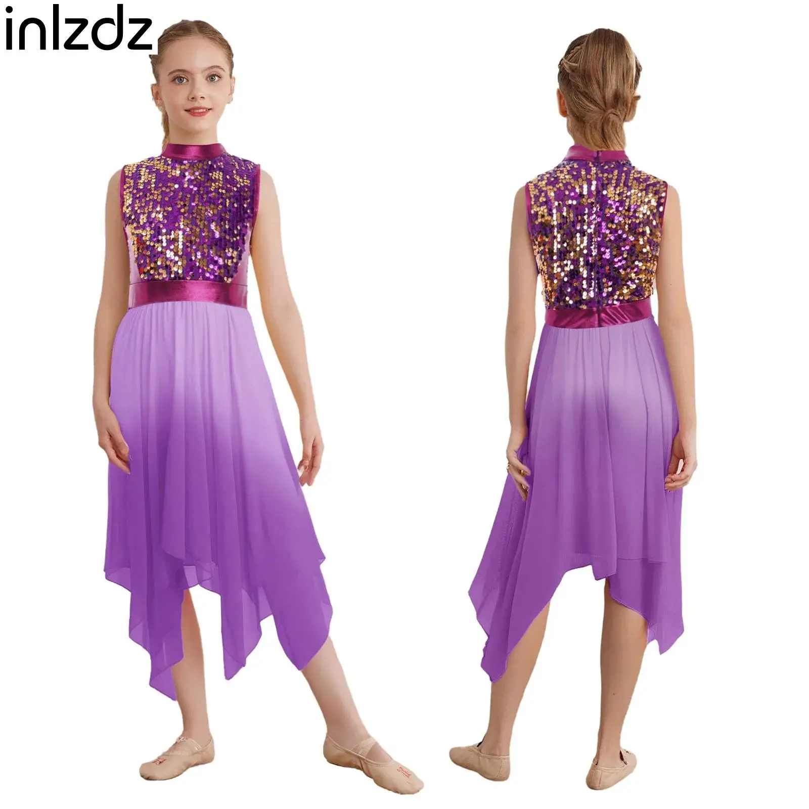 

New Girls Lyrical Contemporary Dancewear Kid Liturgical Worship Praise Dance Tunic Dresses Sleeveless Shiny Sequins Bodice Dress