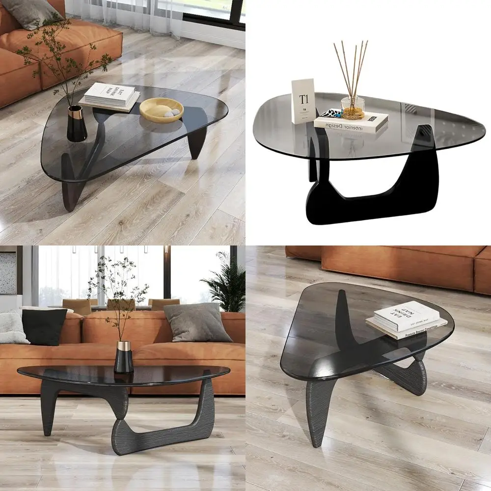 

Mid-Century Modern Tempered Glass Coffee Table, Solid Wood Base, Ideal for Small Living Spaces, Farmhouse Style