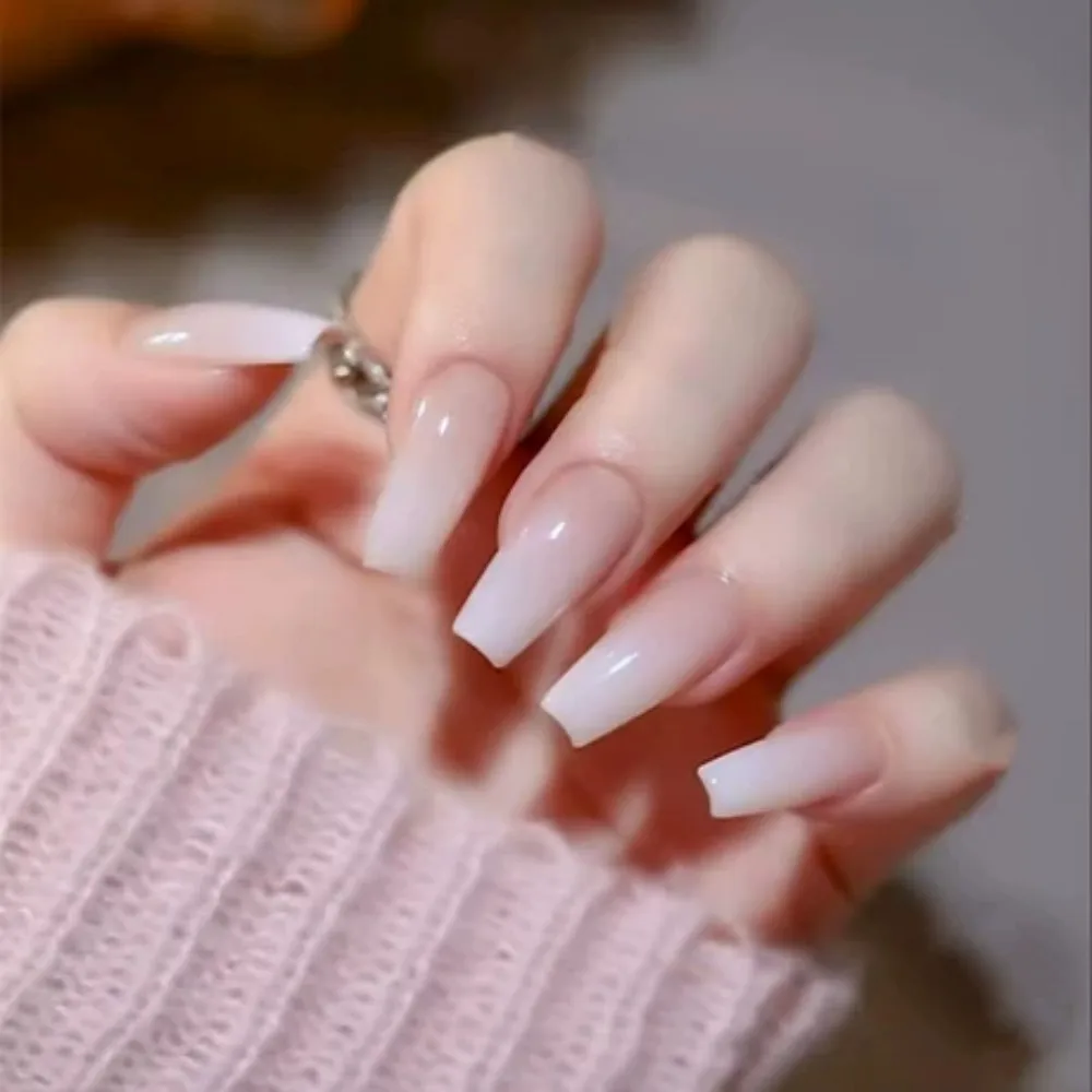 24pcs/Box Long Coffin False Nails Art Rose with Glue Wearable Nude Pink White Color Jelly Nails Tips Full Cover Press on Nails