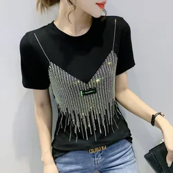 #5159 Black White False Two Piece T Shirt Women Diamonds Sexy Tight T-shirt Short Sleeve Streetwear Tshirt Female Black White