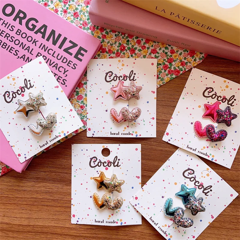 Glitter Alligator Clips for Girls Two Tone Star Heart Mini Small Snaps Non Slip 2 Pcs