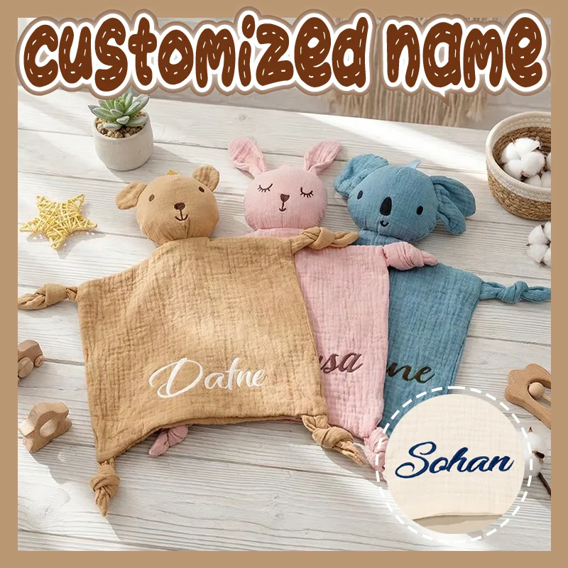 

Personalized Baby Comforter And Bib Set with Embroidered Name Customized Animal Design for Baby Shower Easter Gift