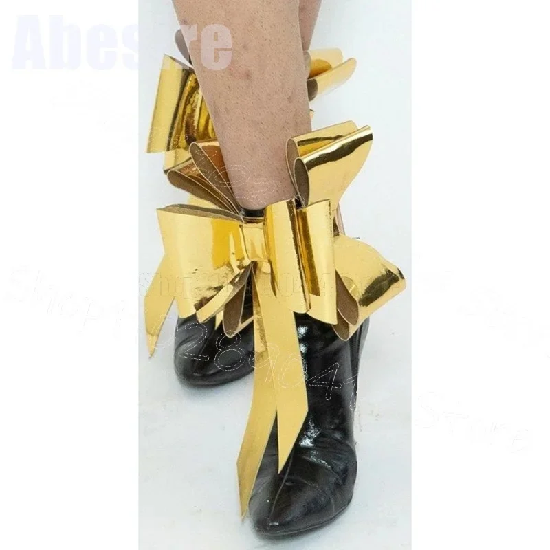 

Gold Bow Knot Black Pointed Toe Ankle Boots Back Zipper Women Shoes Thin High Heels Party Feast Dating 2025 Zapatos Para Mujere