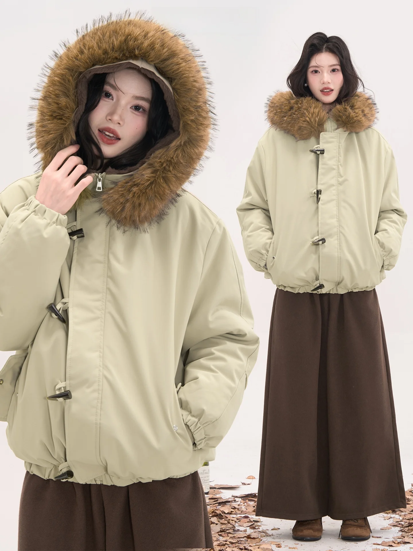 

Heme Cloud Wild South Song Women's Cotton Jaet with Large Fur Collar And Horn Buttons Winter Coat Casual Loose Fit