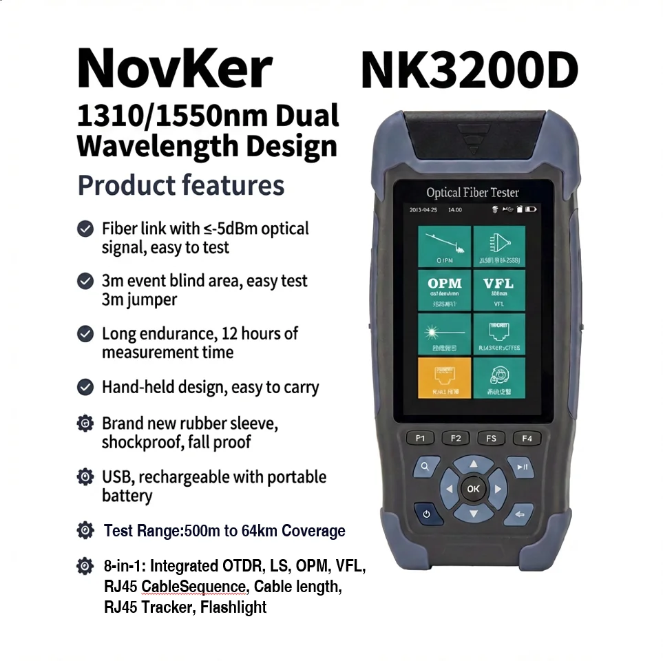 Novker NK3200D Mini OTDR 9-In-1 Fiber Optic Tester 1310/1550nm 24dB Event Map Professional FTTX Network Maintenance Tool
