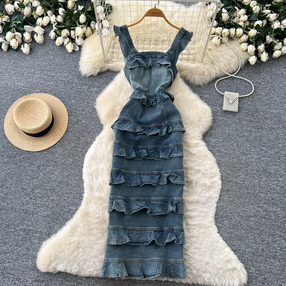 

Women Long Dress Denim Dresses Cake Vestidos Y2k Streetwear Sleeveless Ruffles Sexy Hip Wrap Elegant Party Night Work 2026