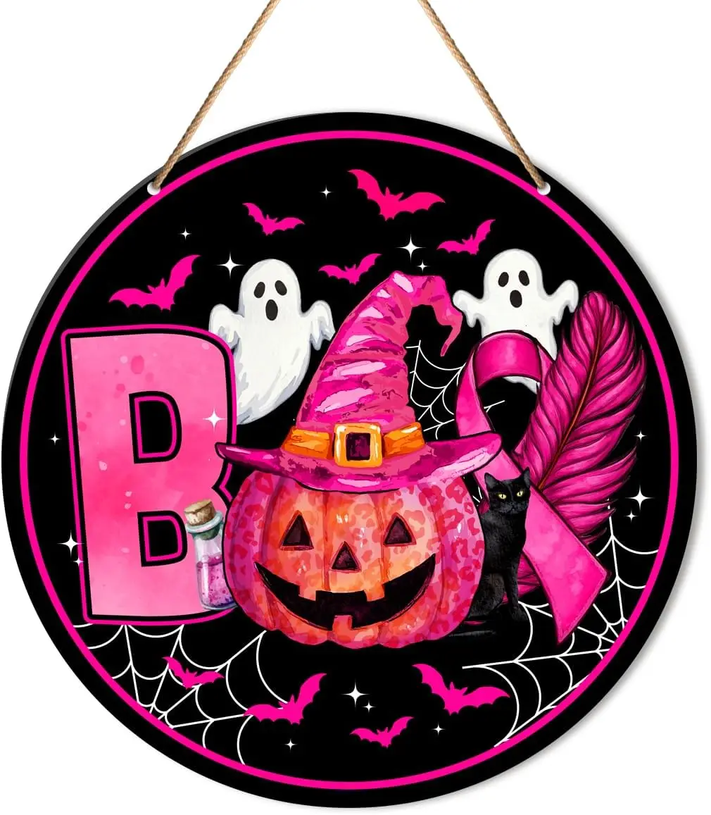 Breast Cancer Signs Wall Decor, Breast Cancer Halloween Round Hanging Sign Decor for Front Door, Patio, Porch