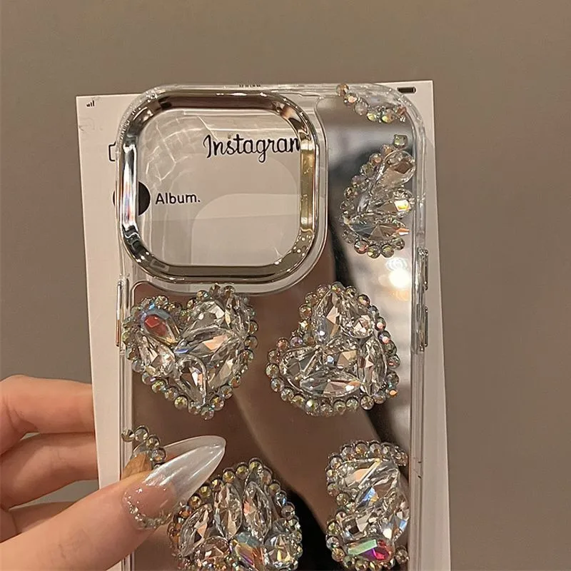 Fashion Rhinestone Mirror Love Shiny Heart Phone Case For iPhone 16 Pro Max 16 15 Plus 14 13 12 11 Pro