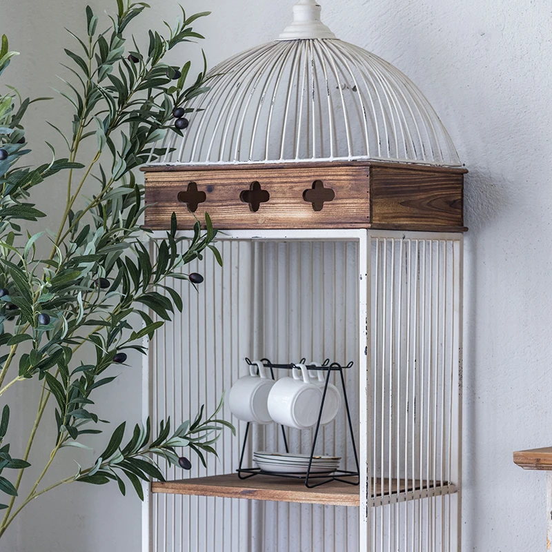 American vintage iron birdcage shelf floor-to-ceiling creative bookshelf display, cabinet, living room corner storage shelf