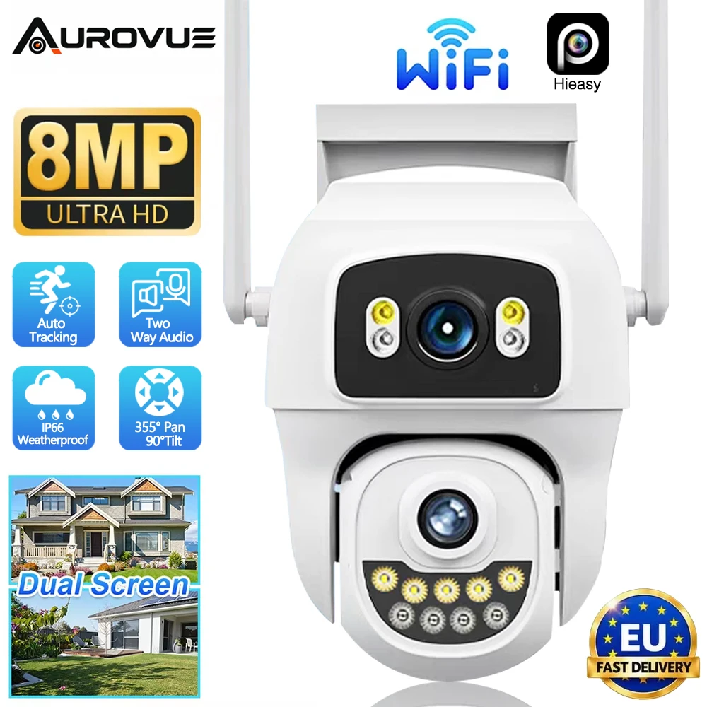 8MP Outdoor-WLAN-Sicherheitskamera mit Dual-Objektiv, Dual-Ansicht, HiEasy-App, Fernzugriff, KI-gestützter Personenerkennung, automatischer Verfolgung, Farbnachtsicht, IP66 wasserdicht,