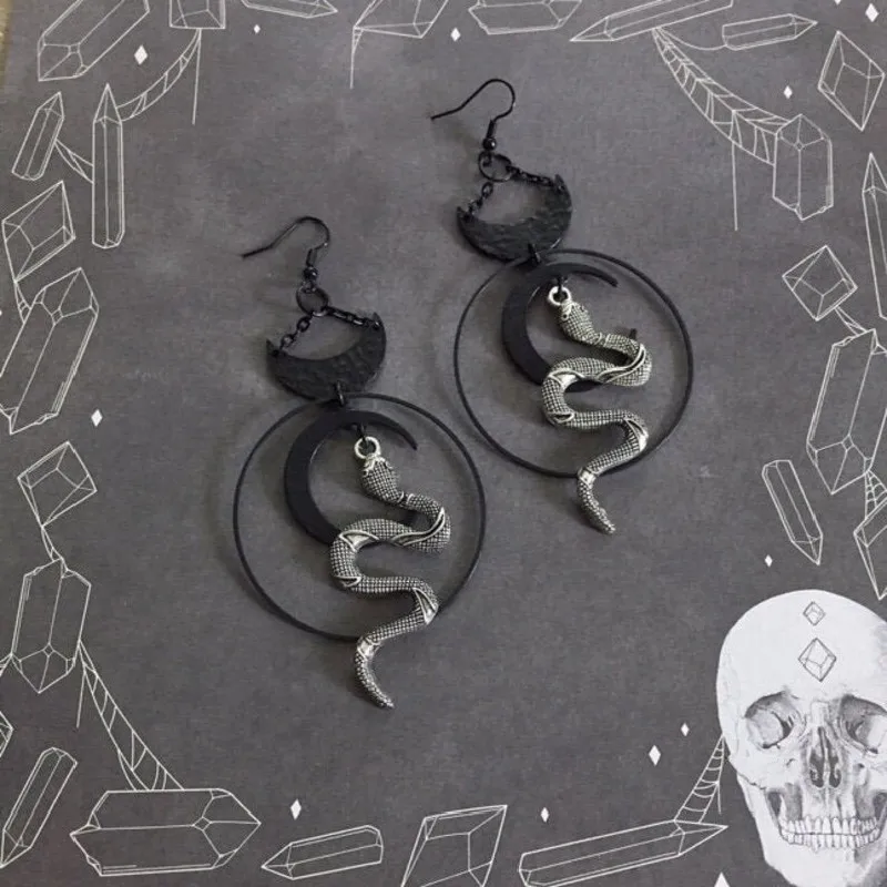 New Harvest Ritual Moon Snake Earrings Jewelry Wicca Big Snake Handmade Weird Darkness Women Gift Goth Statement Hallowee Grunge