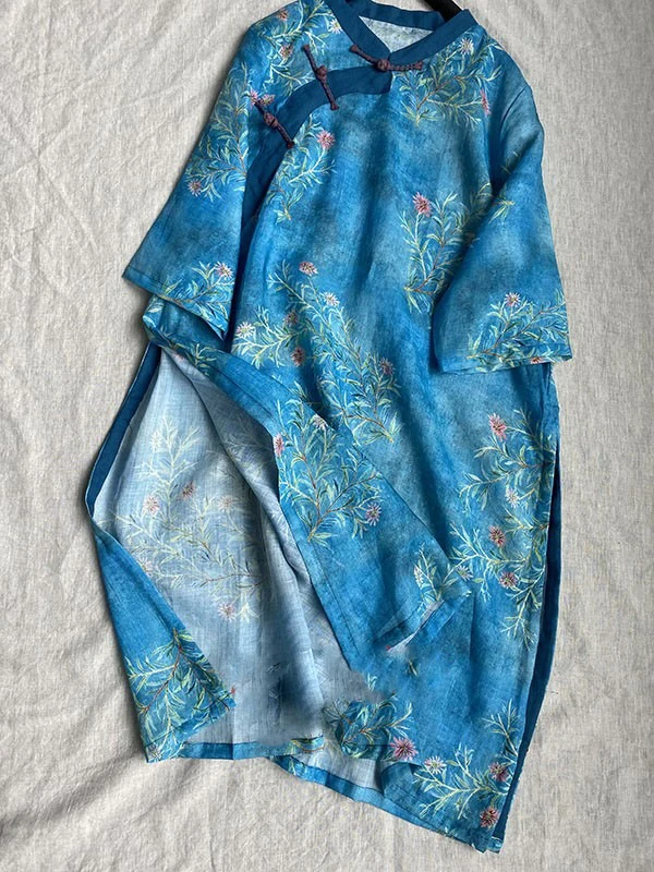 New Chinese Sle Retro Print Five-Quarter Sve irt Women's Summer National Sle Oblique Collar Buttoned Zen Tea Clothing