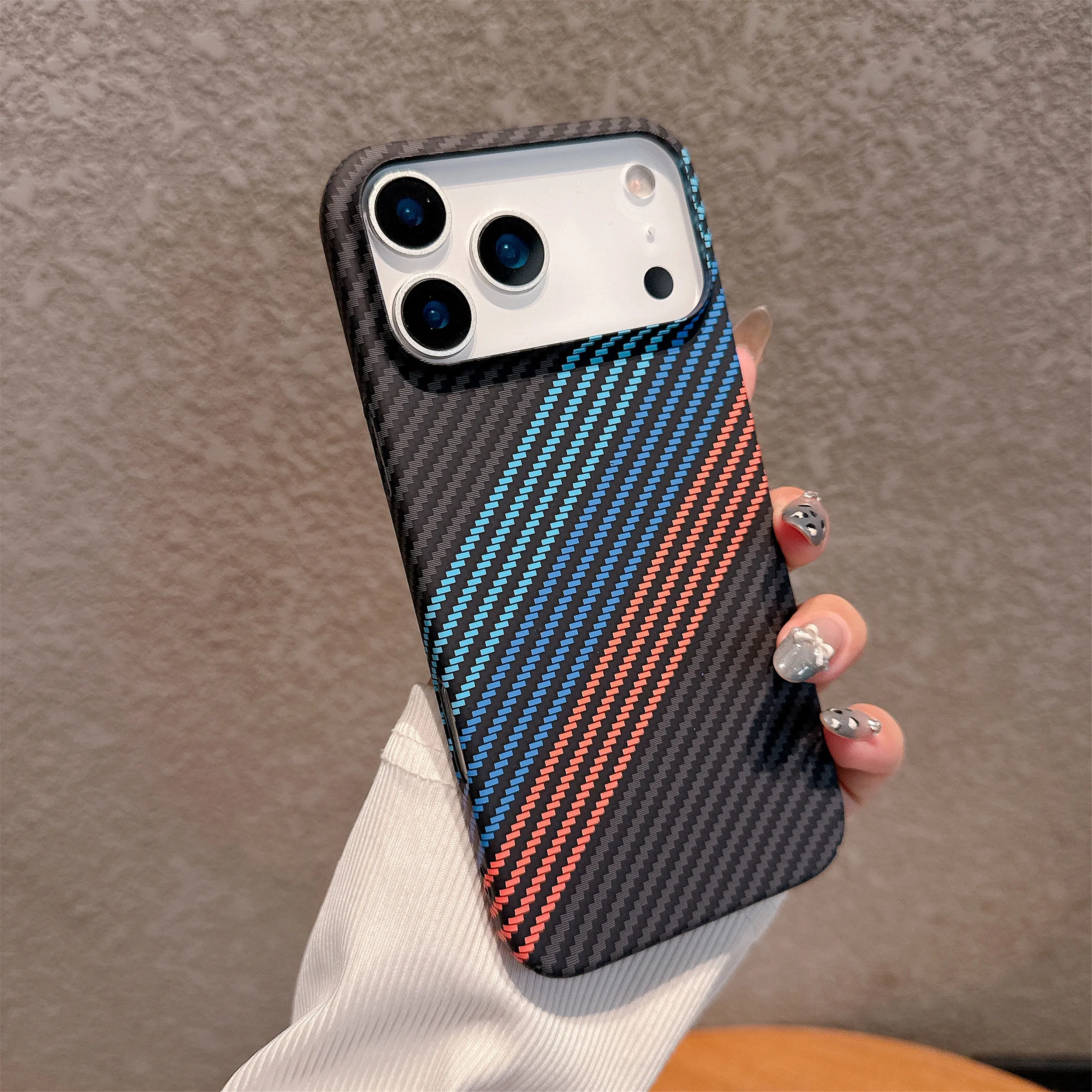 Mehrfarbige Kevlar-Kohlefaser-Textur, harte PC-Handyhülle für iPhone 17, Air 16, 15, 14, Plus, 13, 12, Pro Max 11, stoßfeste Rückseite