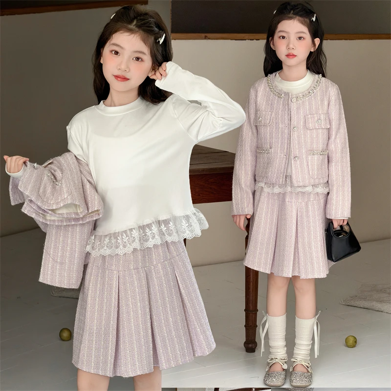 

design teen girls skirts clothes set Round neck shiny diamond jacket Lace T-shirt skirt 2/3pcs junior kids suit child outfits