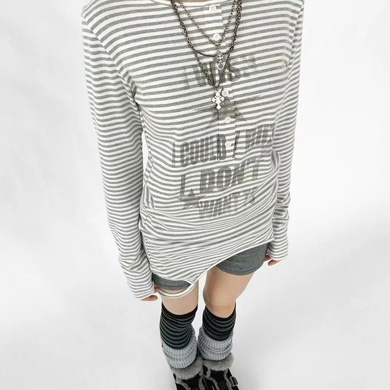 

Японская футболка с буквенным принтом Y2k, модный стиль 2000-х годов, топы в рубчик с длинными рукавами, винтажная уличная одежда в стиле Харадзюку, американский ретро