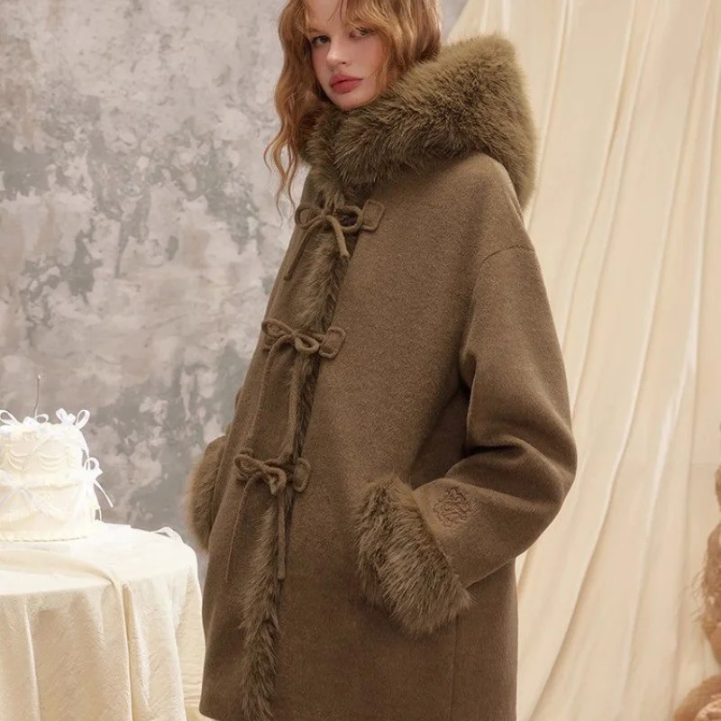 College Style Hooded Coat For Women, Retro And Fashionable, With Plush Edges And Bow Ties, Woolen Coat