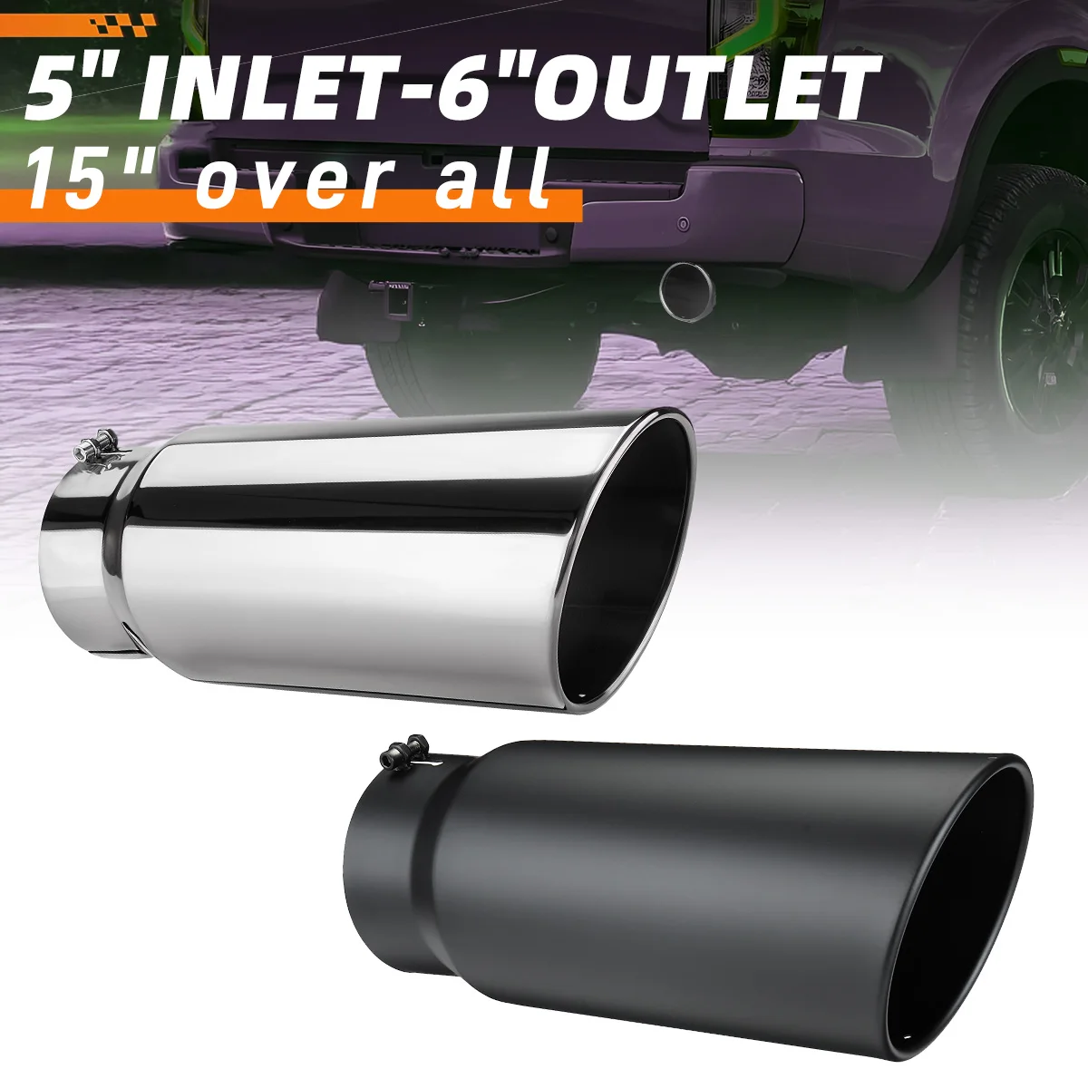 15inch Length Universal Car Straight Exhaust Tail Throat Tailpipe Exhaust Tip Tailpipe Anti-Corrosive 5 Inch Inlet 6 Inch Outlet