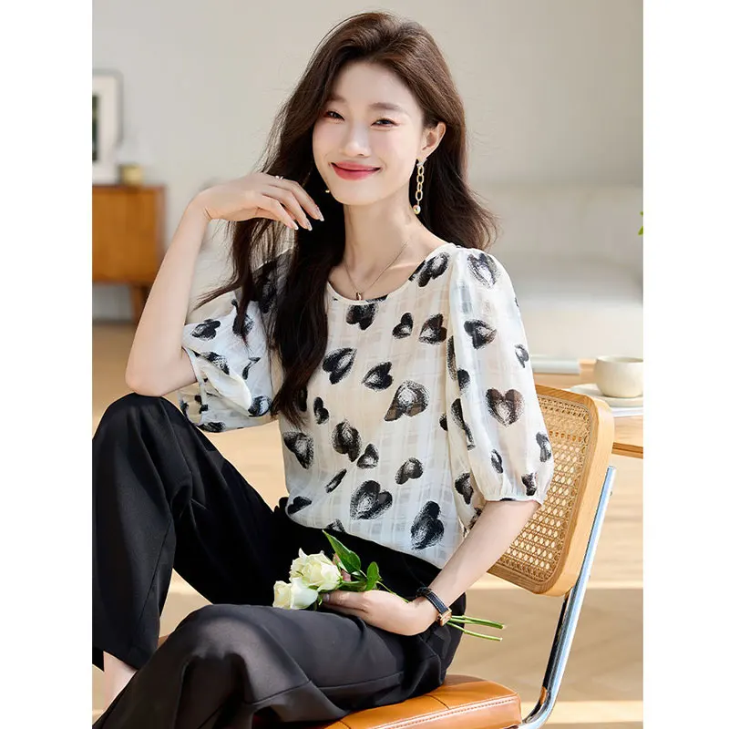 Women's Summer Fashion Elegant Simplicity Printing O-neck Short Sleeve Chiffon Shirt Women Clothes Temperament Casual Loose Tops