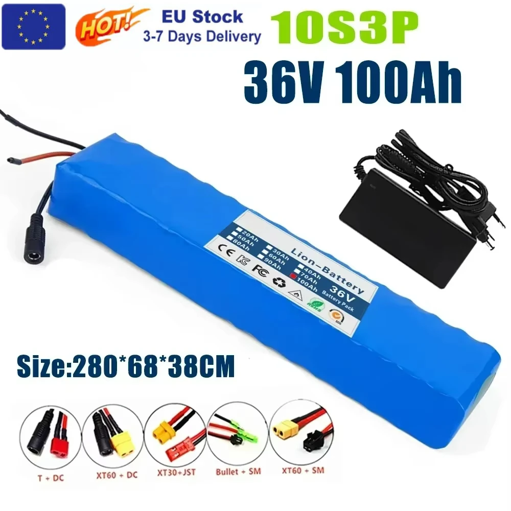 36V 100Ah Lithium-Ionen-Akku 10S3P 18650 mit BMS 1000W Elektrofahrrad-Akku 42V Ladegerät für E-Bike Fahrrad Roller Motorfahrzeug