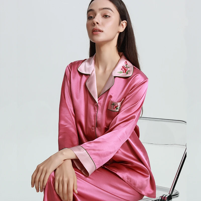 

Пижамный комплект из плотного шелка с вышивкой 22 мм, женская одежда для сна из 100% тутового шелка, домашняя одежда, топ и брюки на пуговицах с лацканами, пижама