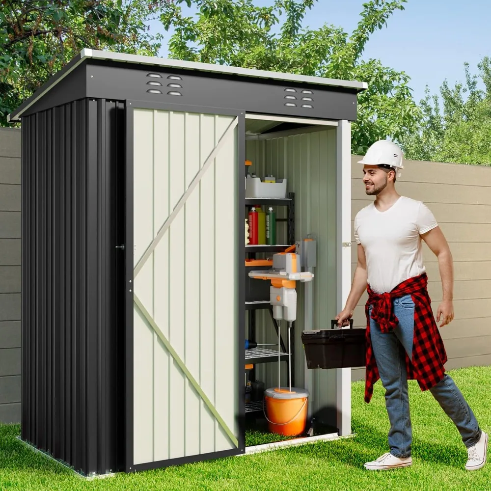 5 'x 3'Outdoor Storage Shed with Singe Lockable Door,Galvanized Metal Shed with Air Vent Suitable for The Garden, Dark Gray