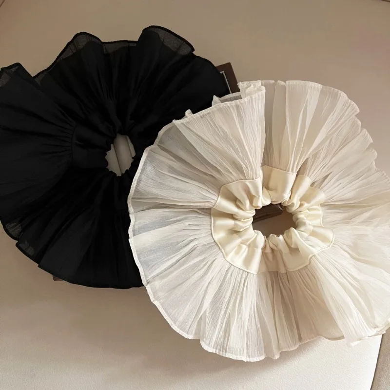 2024 Scrunchie di pizzo di raso arruffato oversize Design alla moda temperamento coreano donne esagerate copricapo con fascia per capelli a doppio