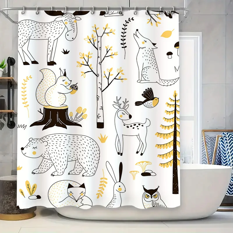 

Набор занавесок для душа с лесными животными, черно-белый дизайн с желтыми акцентами для декора ванной комнаты
