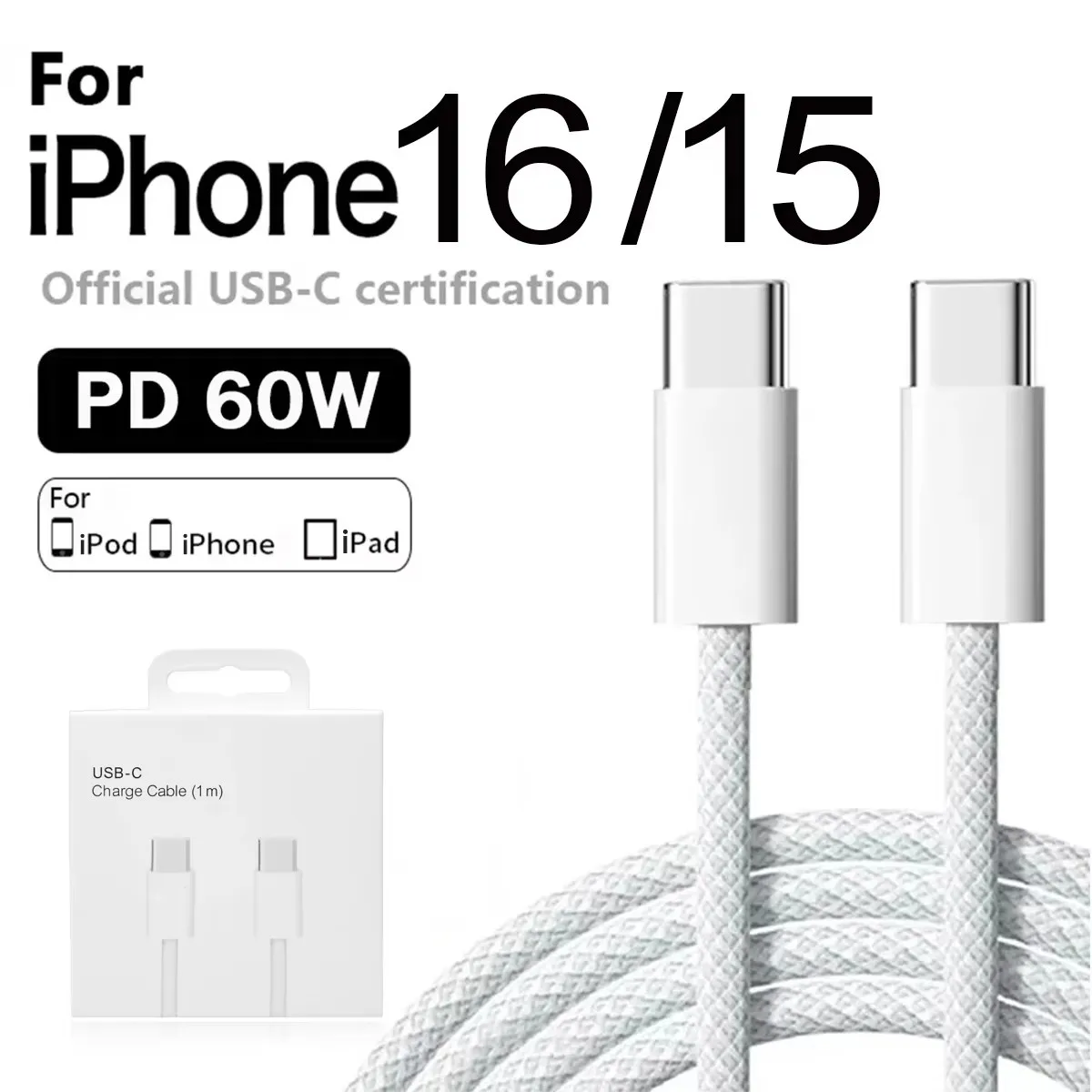 PD 60W Dual USB-C Fast Charging Braided Cable For iPhone 15 16 Pro Max 15 16 Plus Type C to Type C Quick Charger Cable With Box