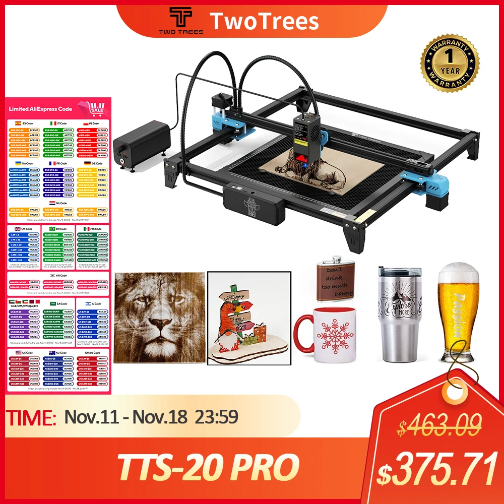 TwoTrees 20W Laser Engraver 130W TTS-20 PRO APP Wifi Control Metal Laser Engraver Arcylic Wood Leather Cutting Machine