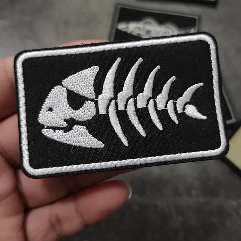 Fishing Icon Embroidery Patches on Clothes Backpack Hook and Loop Sticker Applique Morale Badge Armband Fish Bone Tactical Patch