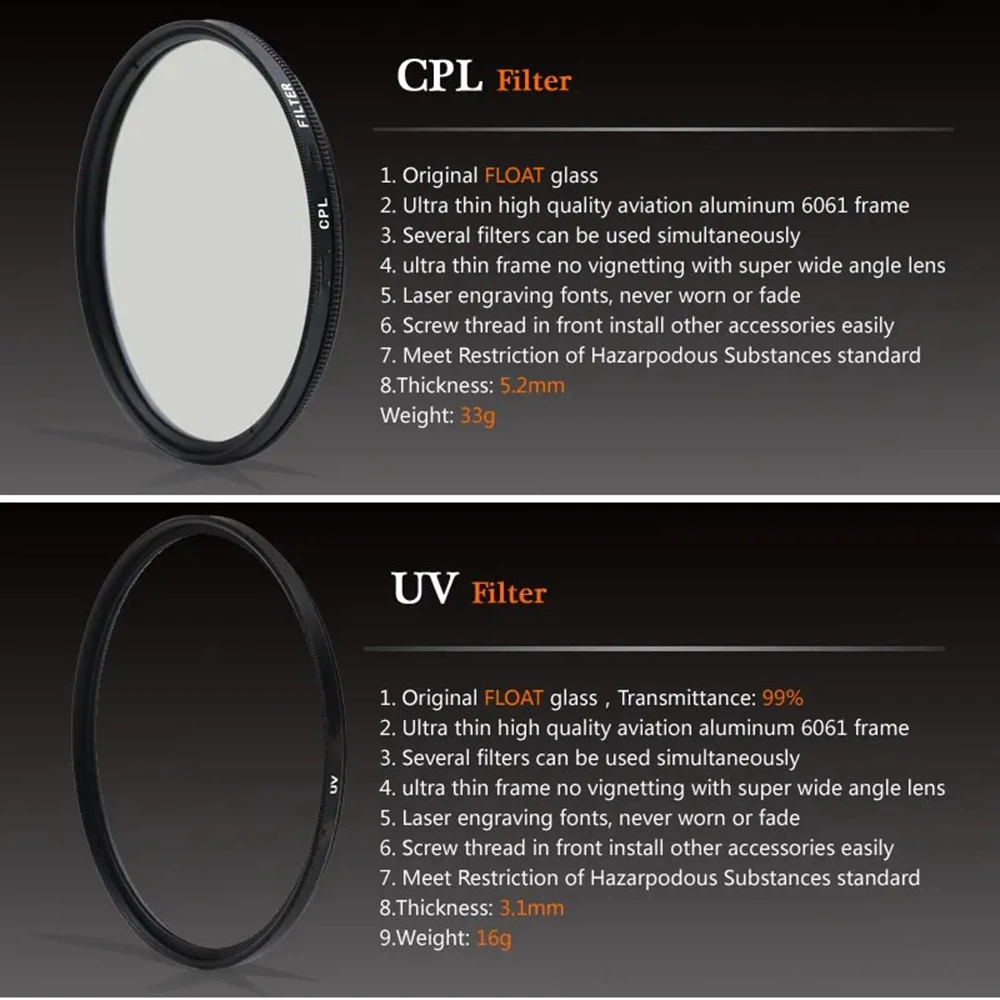 Universal Lens Filter CPL UV FLD Filter Lens Protector 52MM 58MM for Smartphone Iphone 15 14 Photography Canon Nikon Sony Camera