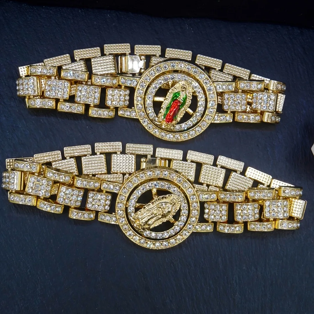 A Fashionable Hip-Hop Fully Inlaid with Rhinestones Rotating Zhonande and Madonna Design Zinc Alloy Bracelet for Men and Women - Non-Plated