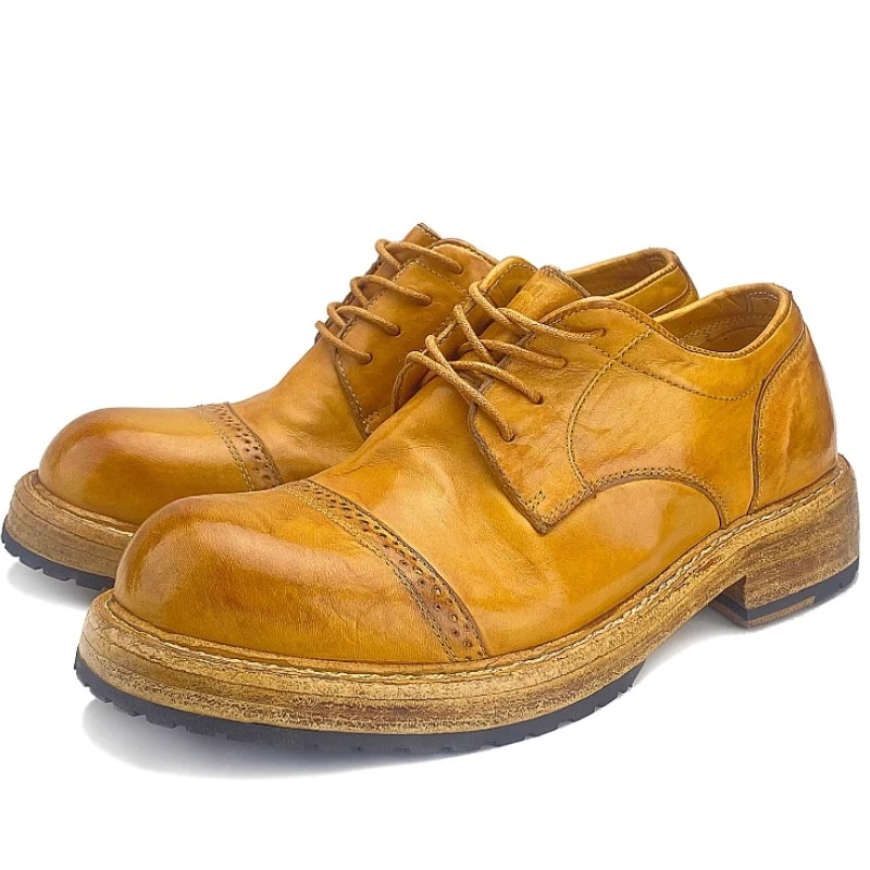 

Мужские кожаные туфли Goodyear ручной работы из конской кожи, дышащие, на толстой подошве, повседневные, в стиле броги, с вырезами, с массивным носком