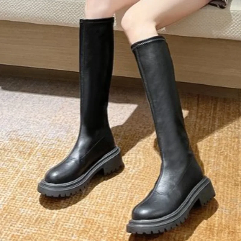 2024 Autumn Winter Women Long Boots PU Leather Ladies Zipper Knight Flats Heel Boots Fashion Non Slip High Heel Knee-high Boots